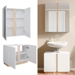 Vicco Badmöbel-Set Weiß Gloria, bestehend aus Badezimmerspiegel, Waschbeckenunterschrank - Unterschrank- und Hängeschrank-Kombination