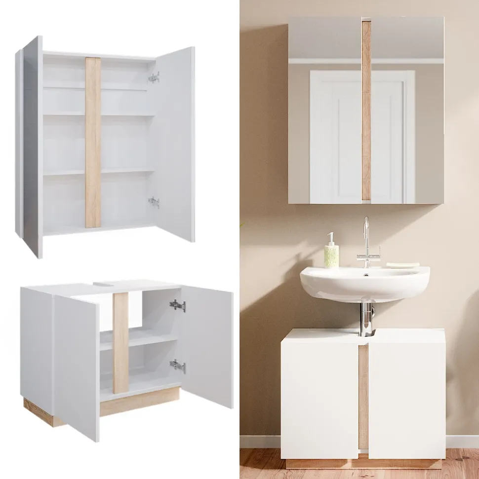 Vicco Badmöbel-Set Weiß Gloria, bestehend aus Badezimmerspiegel, Waschbeckenunterschrank - Unterschrank- und Hängeschrank-Kombination