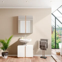 Vicco Badmöbel-Set Weiß Gloria, bestehend aus Badezimmerspiegel, Waschbeckenunterschrank - Unterschrank- und Hängeschrank-Kombination