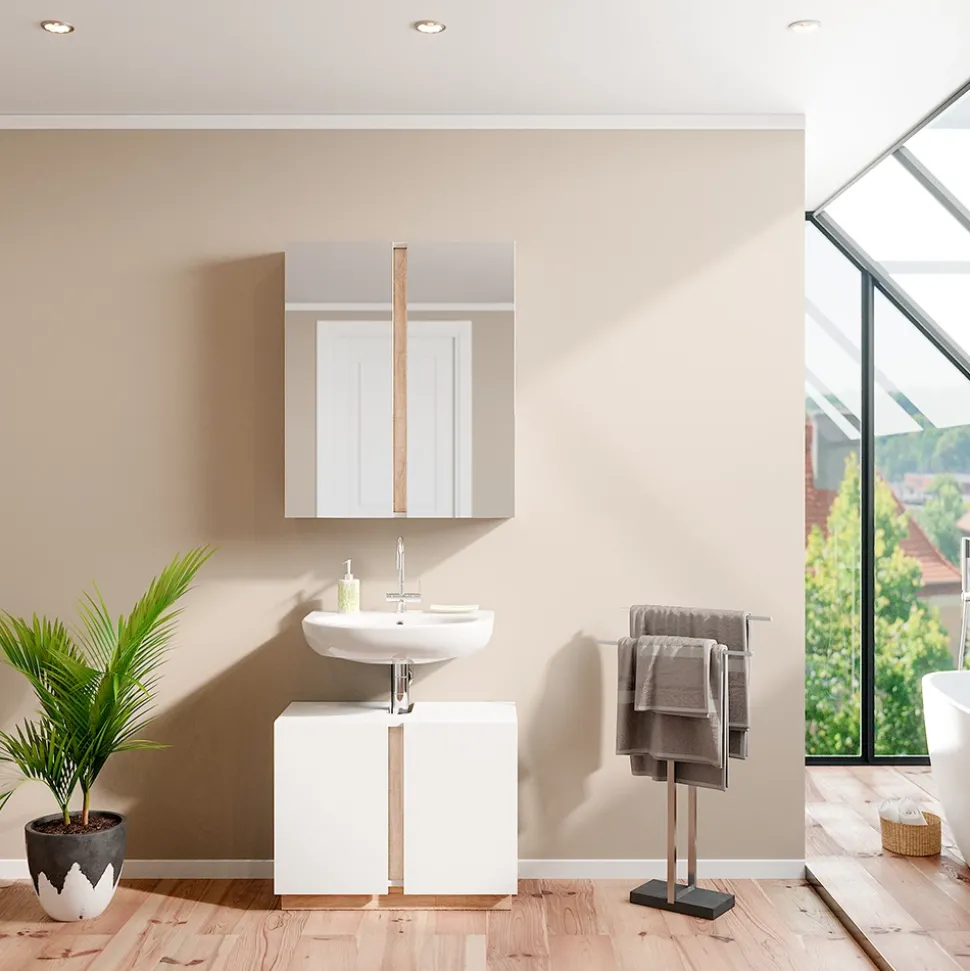 Vicco Badmöbel-Set Weiß Gloria, bestehend aus Badezimmerspiegel, Waschbeckenunterschrank - Unterschrank- und Hängeschrank-Kombination