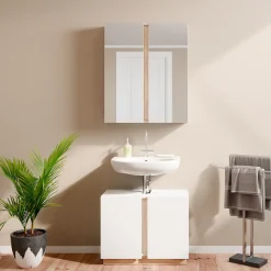 Vicco Badmöbel-Set Weiß Gloria, bestehend aus Badezimmerspiegel, Waschbeckenunterschrank - Unterschrank- und Hängeschrank-Kombination