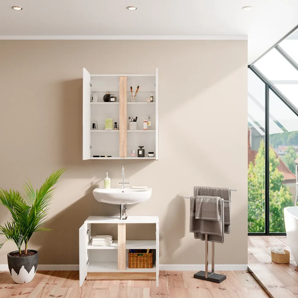 Vicco Badmöbel-Set Weiß Gloria, bestehend aus Badezimmerspiegel, Waschbeckenunterschrank - Unterschrank- und Hängeschrank-Kombination