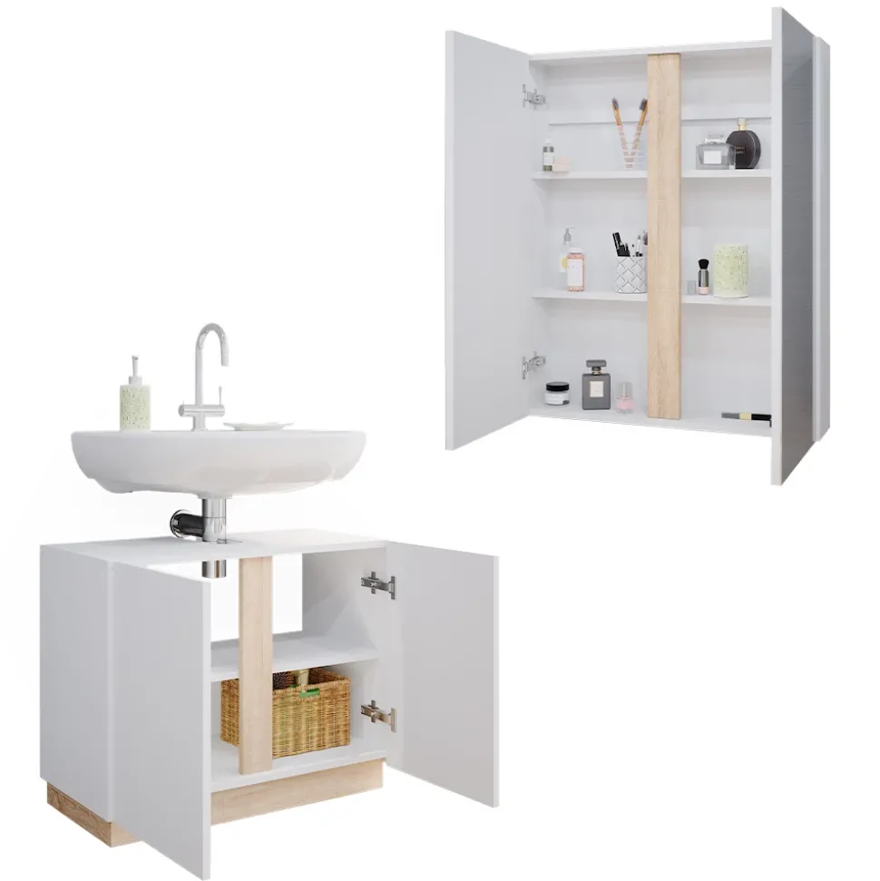 Vicco Badmöbel-Set Weiß Gloria, bestehend aus Badezimmerspiegel, Waschbeckenunterschrank - Unterschrank- und Hängeschrank-Kombination