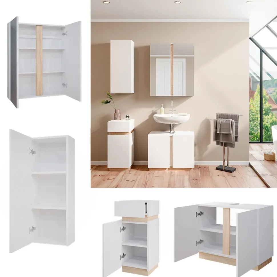 Vicco Badmöbel-Set Weiß Gloria, bestehend aus Bad Spiegelschrank, Waschbeckenunterschrank, Midischrank, Hängeschrank - Unterschrank- und Hängeschrank-Kombination