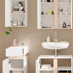 Vicco Badmöbel-Set Weiß Gloria, bestehend aus Bad Spiegelschrank, Waschbeckenunterschrank, Midischrank, Hängeschrank - Unterschrank- und Hängeschrank-Kombination