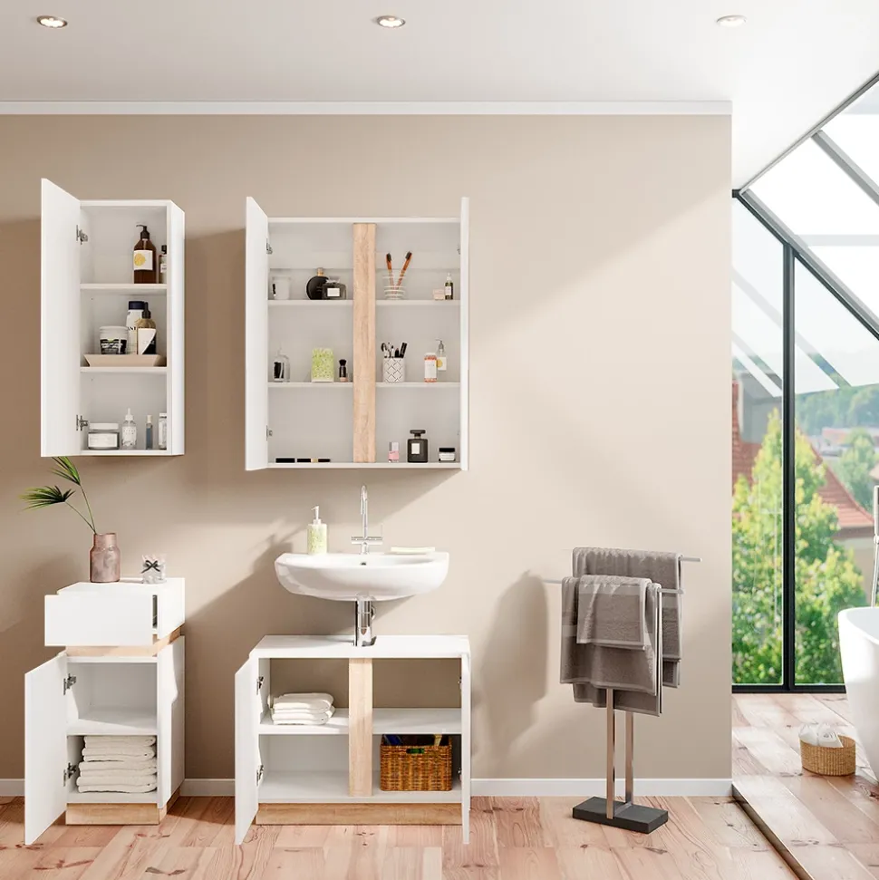 Vicco Badmöbel-Set Weiß Gloria, bestehend aus Bad Spiegelschrank, Waschbeckenunterschrank, Midischrank, Hängeschrank - Unterschrank- und Hängeschrank-Kombination