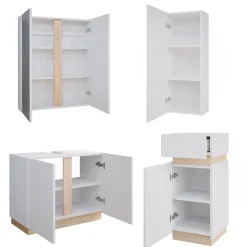 Vicco Badmöbel-Set Weiß Gloria, bestehend aus Bad Spiegelschrank, Waschbeckenunterschrank, Midischrank, Hängeschrank - Unterschrank- und Hängeschrank-Kombination