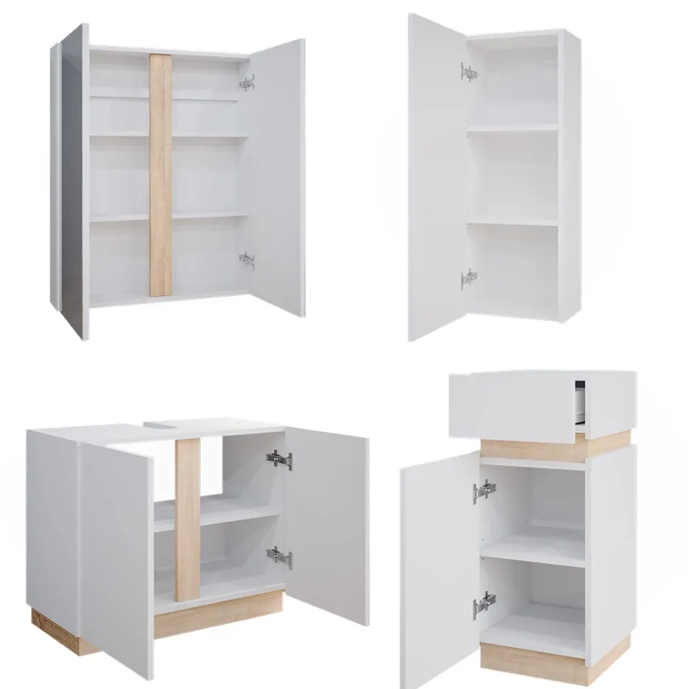 Vicco Badmöbel-Set Weiß Gloria, bestehend aus Bad Spiegelschrank, Waschbeckenunterschrank, Midischrank, Hängeschrank - Unterschrank- und Hängeschrank-Kombination