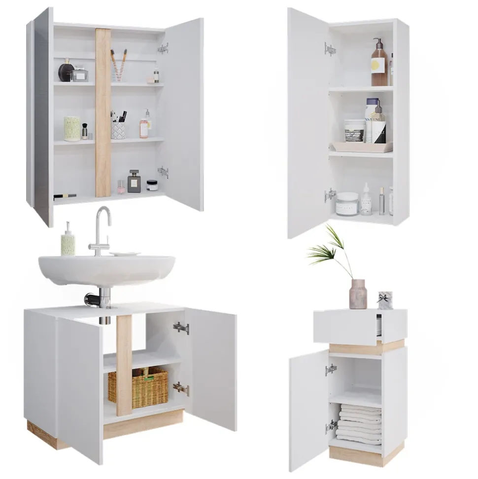 Vicco Badmöbel-Set Weiß Gloria, bestehend aus Bad Spiegelschrank, Waschbeckenunterschrank, Midischrank, Hängeschrank - Unterschrank- und Hängeschrank-Kombination