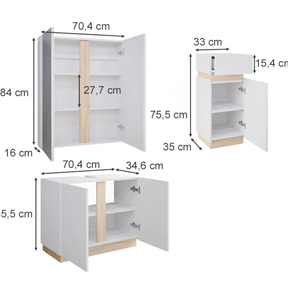 Vicco Badmöbel-Set Weiß Gloria, bestehend aus Bad Spiegelschrank, Waschbeckenunterschrank, Midischrank - Unterschrank- und Hängeschrank-Kombination