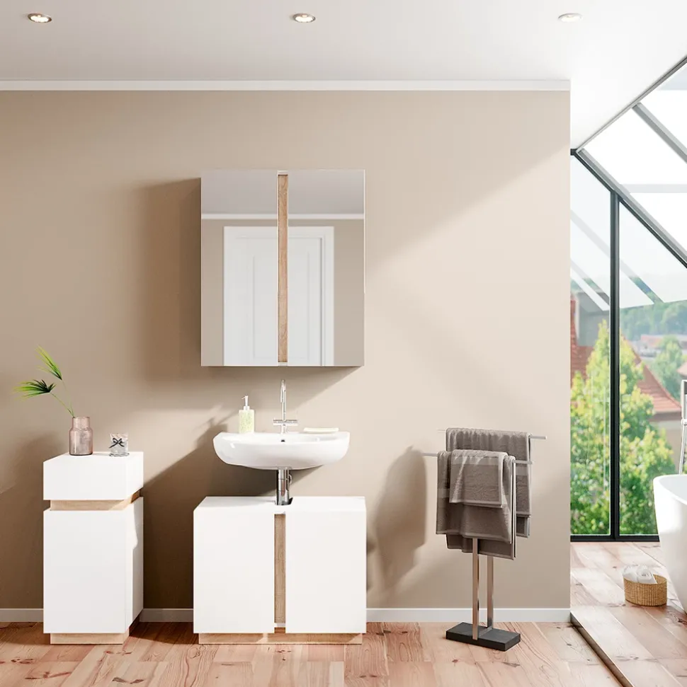 Vicco Badmöbel-Set Weiß Gloria, bestehend aus Bad Spiegelschrank, Waschbeckenunterschrank, Midischrank - Unterschrank- und Hängeschrank-Kombination