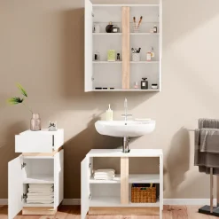 Vicco Badmöbel-Set Weiß Gloria, bestehend aus Bad Spiegelschrank, Waschbeckenunterschrank, Midischrank - Unterschrank- und Hängeschrank-Kombination