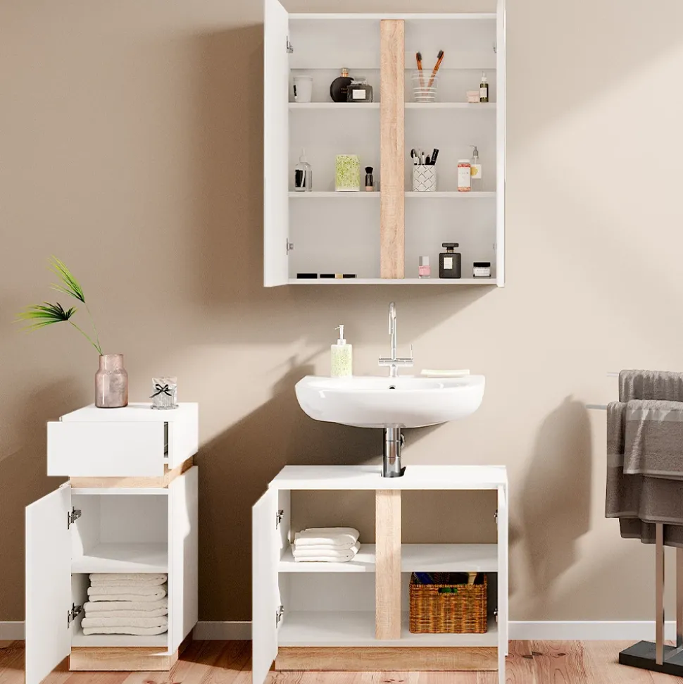 Vicco Badmöbel-Set Weiß Gloria, bestehend aus Bad Spiegelschrank, Waschbeckenunterschrank, Midischrank - Unterschrank- und Hängeschrank-Kombination