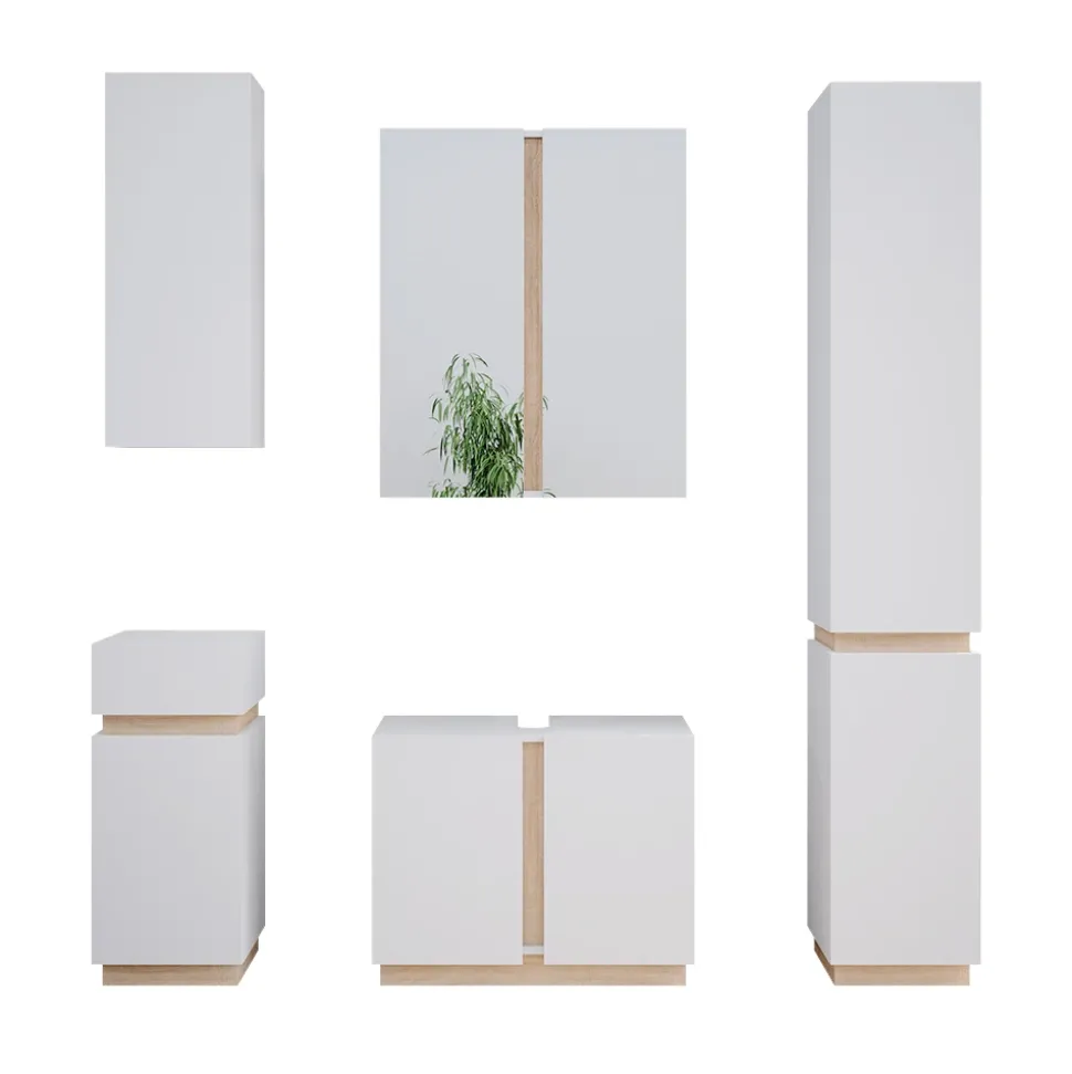 Vicco Badmöbel-Set Weiß Gloria, bestehend aus Bad Spiegelschrank, Midischrank, Hängeschrank, Waschbeckenunterschrank, Hochschrank - Unterschrank- und Hängeschrank-Kombination