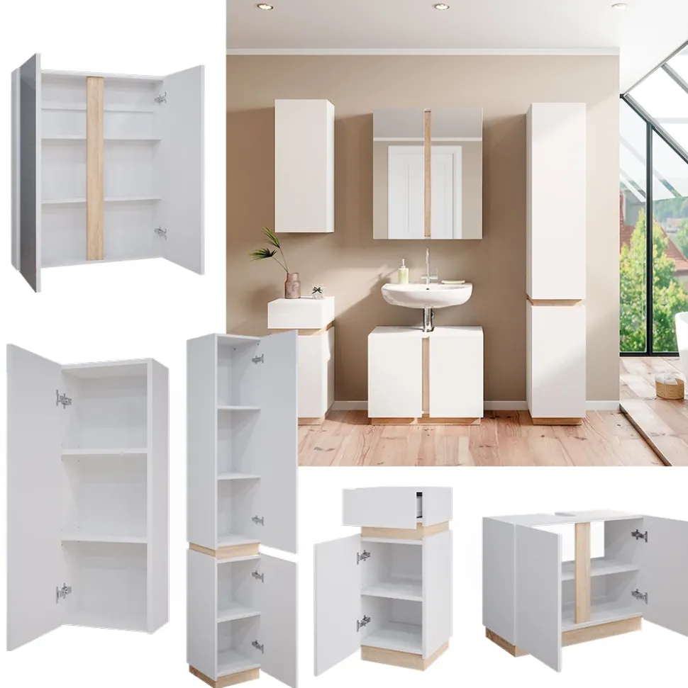 Vicco Badmöbel-Set Weiß Gloria, bestehend aus Bad Spiegelschrank, Midischrank, Hängeschrank, Waschbeckenunterschrank, Hochschrank - Unterschrank- und Hängeschrank-Kombination