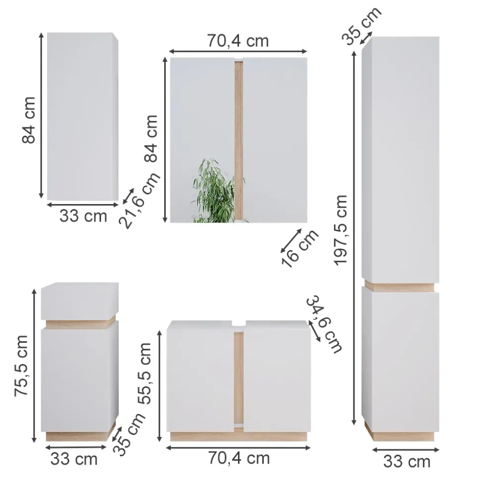 Vicco Badmöbel-Set Weiß Gloria, bestehend aus Bad Spiegelschrank, Midischrank, Hängeschrank, Waschbeckenunterschrank, Hochschrank - Unterschrank- und Hängeschrank-Kombination