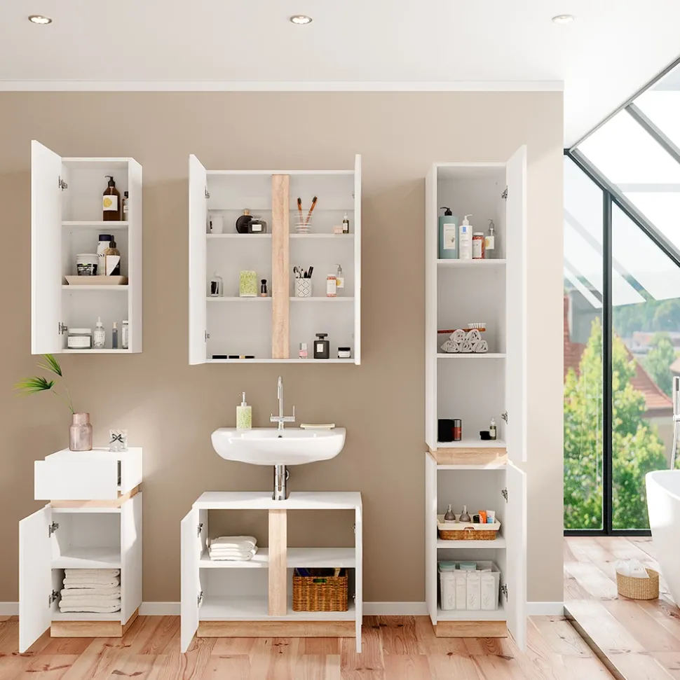 Vicco Badmöbel-Set Weiß Gloria, bestehend aus Bad Spiegelschrank, Midischrank, Hängeschrank, Waschbeckenunterschrank, Hochschrank - Unterschrank- und Hängeschrank-Kombination