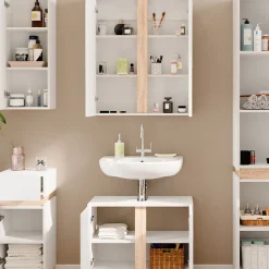 Vicco Badmöbel-Set Weiß Gloria, bestehend aus Bad Spiegelschrank, Midischrank, Hängeschrank, Waschbeckenunterschrank, Hochschrank - Unterschrank- und Hängeschrank-Kombination