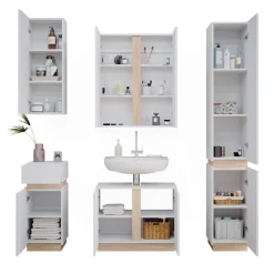 Vicco Badmöbel-Set Weiß Gloria, bestehend aus Bad Spiegelschrank, Midischrank, Hängeschrank, Waschbeckenunterschrank, Hochschrank - Unterschrank- und Hängeschrank-Kombination