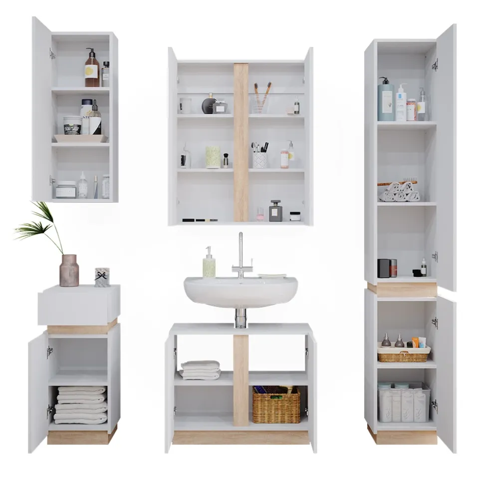 Vicco Badmöbel-Set Weiß Gloria, bestehend aus Bad Spiegelschrank, Midischrank, Hängeschrank, Waschbeckenunterschrank, Hochschrank - Unterschrank- und Hängeschrank-Kombination