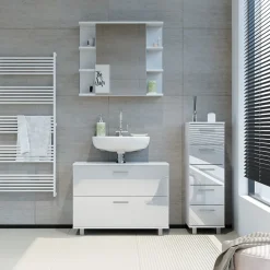 Vicco Badmöbel-Set Weiß Hochglanz Ilias, bestehend aus Bad Spiegelschrank, Waschbeckenunterschrank, Midischrank - mit Fächern für flexible Aufbewahrung