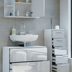 Vicco Badmöbel-Set Weiß Hochglanz Ilias, bestehend aus Bad Spiegelschrank, Waschbeckenunterschrank, Midischrank - mit Fächern für flexible Aufbewahrung