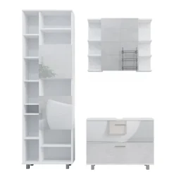 Vicco Badmöbel-Set Weiß Hochglanz Ilias, bestehend aus Bad Spiegelschrank, Waschbeckenunterschrank, Hochschrank - Offene und geschlossene Fächer für flexible Aufbewahrung