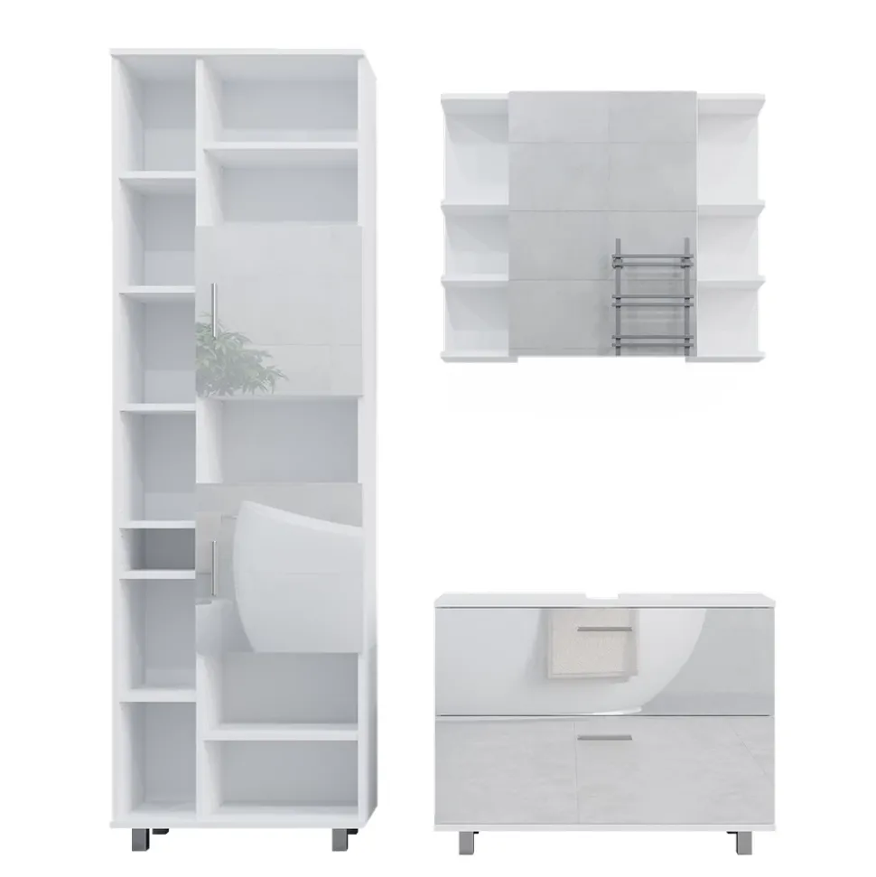 Vicco Badmöbel-Set Weiß Hochglanz Ilias, bestehend aus Bad Spiegelschrank, Waschbeckenunterschrank, Hochschrank - Offene und geschlossene Fächer für flexible Aufbewahrung