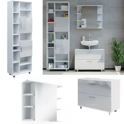 Vicco Badmöbel-Set Weiß Hochglanz Ilias, bestehend aus Bad Spiegelschrank, Waschbeckenunterschrank, Hochschrank - Offene und geschlossene Fächer für flexible Aufbewahrung