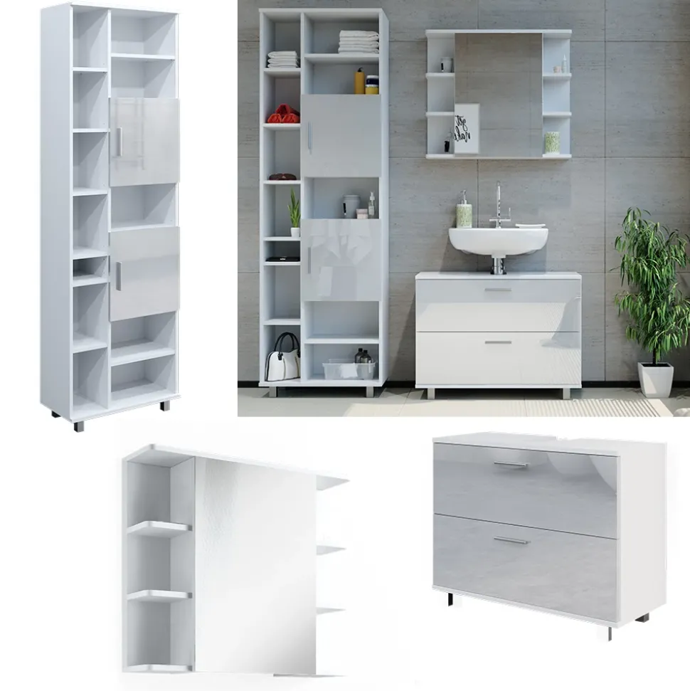 Vicco Badmöbel-Set Weiß Hochglanz Ilias, bestehend aus Bad Spiegelschrank, Waschbeckenunterschrank, Hochschrank - Offene und geschlossene Fächer für flexible Aufbewahrung