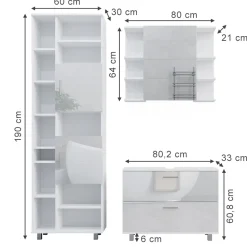Vicco Badmöbel-Set Weiß Hochglanz Ilias, bestehend aus Bad Spiegelschrank, Waschbeckenunterschrank, Hochschrank - Offene und geschlossene Fächer für flexible Aufbewahrung