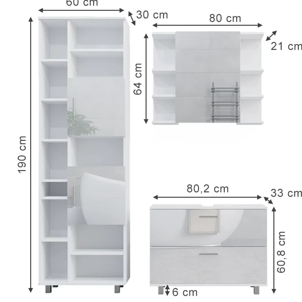 Vicco Badmöbel-Set Weiß Hochglanz Ilias, bestehend aus Bad Spiegelschrank, Waschbeckenunterschrank, Hochschrank - Offene und geschlossene Fächer für flexible Aufbewahrung