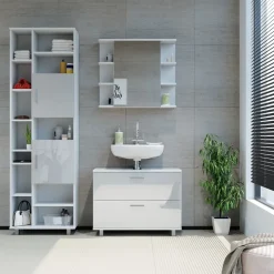 Vicco Badmöbel-Set Weiß Hochglanz Ilias, bestehend aus Bad Spiegelschrank, Waschbeckenunterschrank, Hochschrank - Offene und geschlossene Fächer für flexible Aufbewahrung