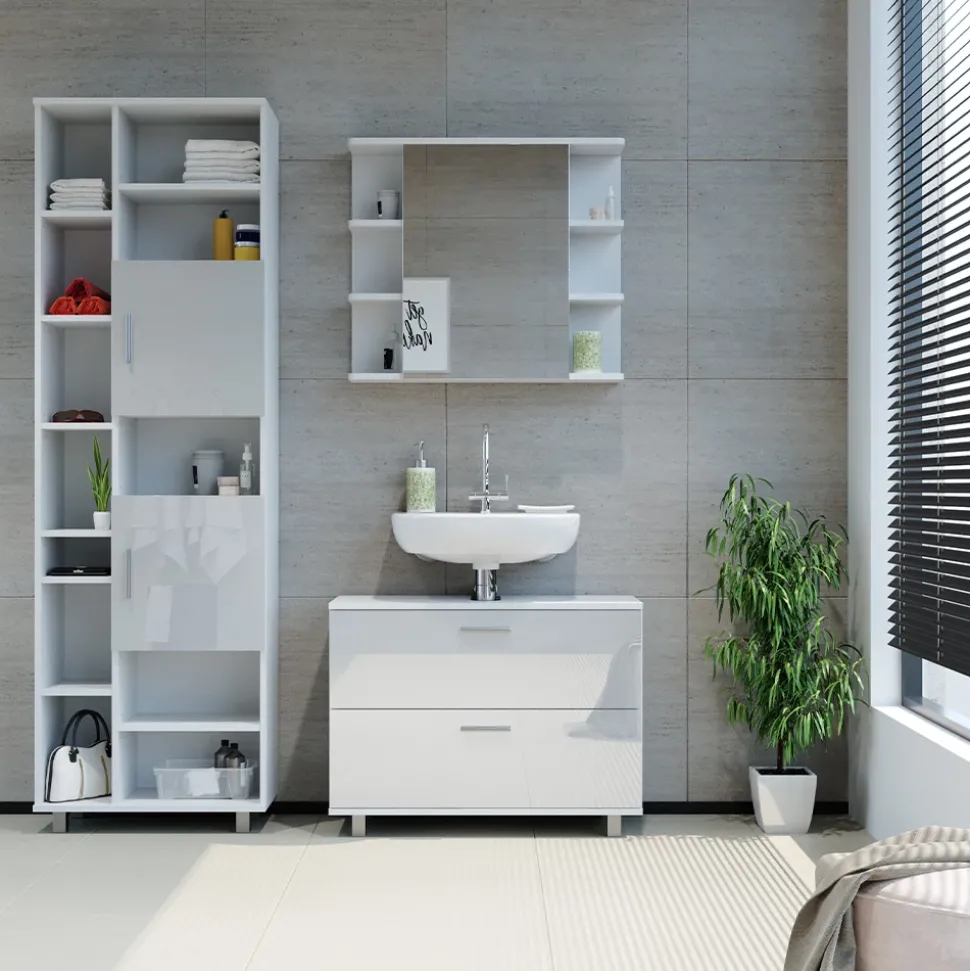 Vicco Badmöbel-Set Weiß Hochglanz Ilias, bestehend aus Bad Spiegelschrank, Waschbeckenunterschrank, Hochschrank - Offene und geschlossene Fächer für flexible Aufbewahrung