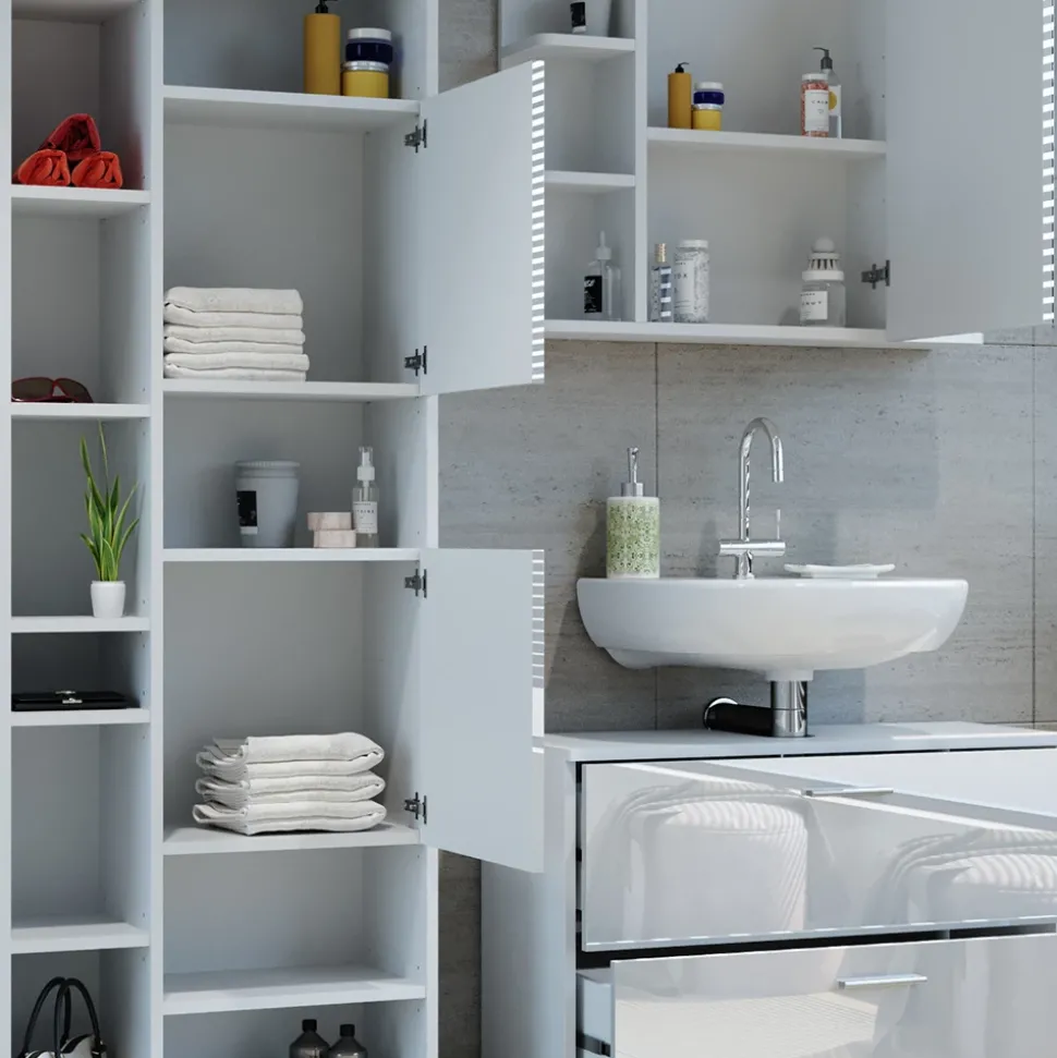 Vicco Badmöbel-Set Weiß Hochglanz Ilias, bestehend aus Bad Spiegelschrank, Waschbeckenunterschrank, Hochschrank - Offene und geschlossene Fächer für flexible Aufbewahrung