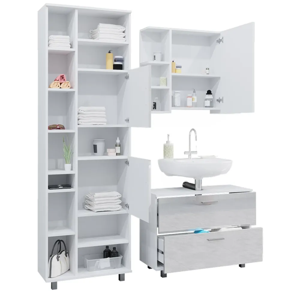 Vicco Badmöbel-Set Weiß Hochglanz Ilias, bestehend aus Bad Spiegelschrank, Waschbeckenunterschrank, Hochschrank - Offene und geschlossene Fächer für flexible Aufbewahrung