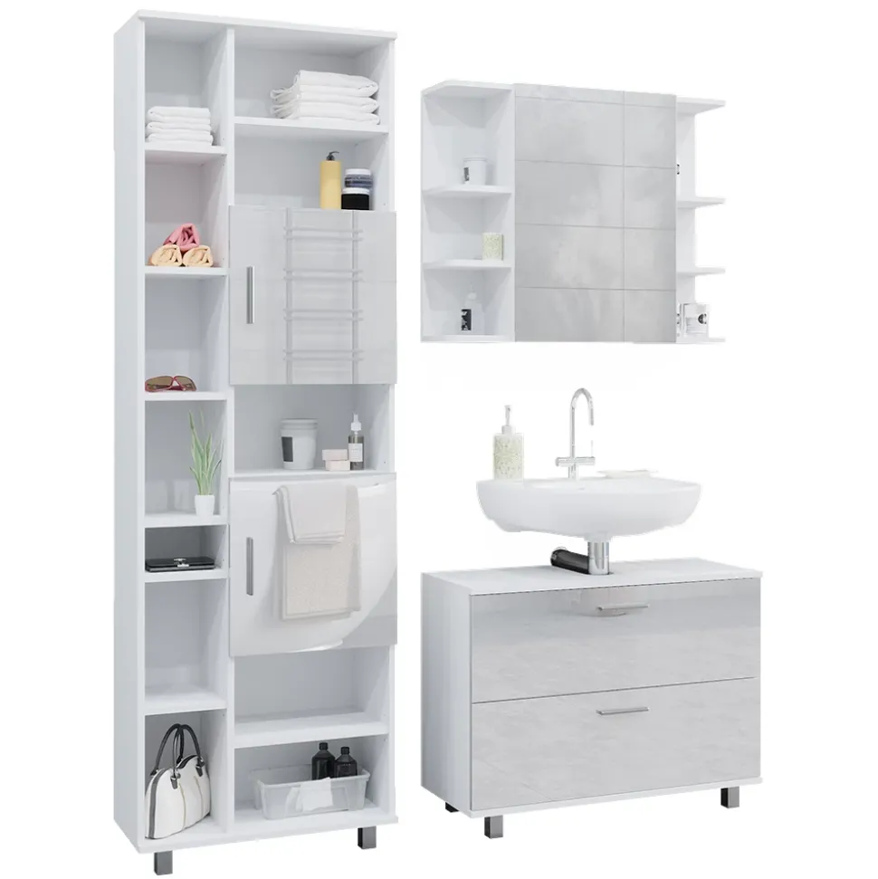 Vicco Badmöbel-Set Weiß Hochglanz Ilias, bestehend aus Bad Spiegelschrank, Waschbeckenunterschrank, Hochschrank - Offene und geschlossene Fächer für flexible Aufbewahrung