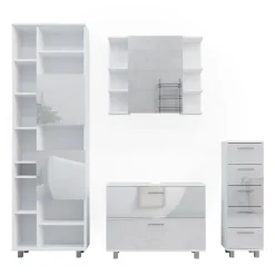 Vicco Badmöbel-Set Weiß Hochglanz Ilias, bestehend aus Badspiegelschrank, Waschbeckenunterschrank, Midischrank, Hochschrank - mit Fächern für flexible Aufbewahrung