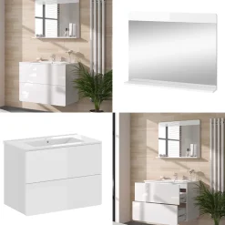 Vicco Badmöbel-Set Weiß Izan, bestehend aus Waschbeckenunterschrank, Spiegelschrank, Waschbecken - Mehr Stauraum ohne Bodenfläche zu nutzen