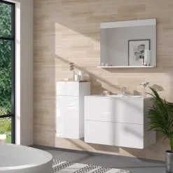 Vicco Badmöbel-Set Weiß Izan, bestehend aus Waschbecken, Waschtischunterschrank, Spiegelschrank, Hängeschrank - Mehr Stauraum ohne Bodenfläche zu nutzen