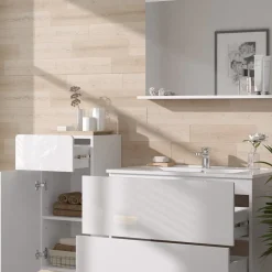 Vicco Badmöbel-Set Weiß Izan, bestehend aus Waschbecken, Waschtischunterschrank, Spiegelschrank, Hängeschrank - Mehr Stauraum ohne Bodenfläche zu nutzen