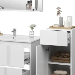 Vicco Badmöbel-Set Weiß Izan, bestehend aus Waschbecken, Waschtischunterschrank, Spiegelschrank, Hängeschrank - Mehr Stauraum ohne Bodenfläche zu nutzen