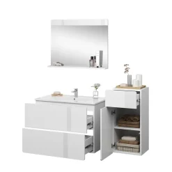 Vicco Badmöbel-Set Weiß Izan, bestehend aus Waschbecken, Waschtischunterschrank, Spiegelschrank, Hängeschrank - Mehr Stauraum ohne Bodenfläche zu nutzen