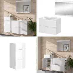 Vicco Badmöbel-Set Weiß Izan, bestehend aus Waschbecken, Waschtischunterschrank, Spiegelschrank, Hängeschrank - Mehr Stauraum ohne Bodenfläche zu nutzen