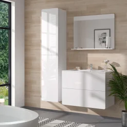 Vicco Badmöbel-Set Weiß Izan, bestehend aus Waschbecken, Waschtischunterschrank, Spiegelschrank, Hängeschrank - Mehr Stauraum ohne Bodenfläche zu nutzen