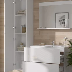 Vicco Badmöbel-Set Weiß Izan, bestehend aus Waschbecken, Waschtischunterschrank, Spiegelschrank, Hängeschrank - Mehr Stauraum ohne Bodenfläche zu nutzen