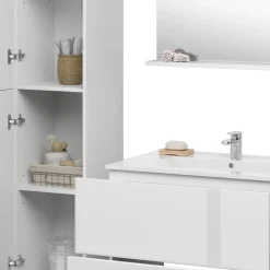 Vicco Badmöbel-Set Weiß Izan, bestehend aus Waschbecken, Waschtischunterschrank, Spiegelschrank, Hängeschrank - Mehr Stauraum ohne Bodenfläche zu nutzen
