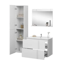 Vicco Badmöbel-Set Weiß Izan, bestehend aus Waschbecken, Waschtischunterschrank, Spiegelschrank, Hängeschrank - Mehr Stauraum ohne Bodenfläche zu nutzen