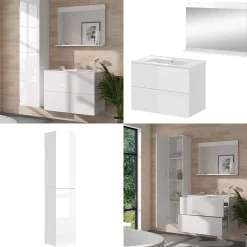 Vicco Badmöbel-Set Weiß Izan, bestehend aus Waschbecken, Waschtischunterschrank, Spiegelschrank, Hängeschrank - Mehr Stauraum ohne Bodenfläche zu nutzen