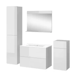 Vicco Badmöbel-Set Weiß Izan, bestehend aus Waschbeckenunterschrank, Waschbecken, Hängeschrank, Hochschrank, Midischrank - Mehr Stauraum ohne Bodenfläche zu nutzen